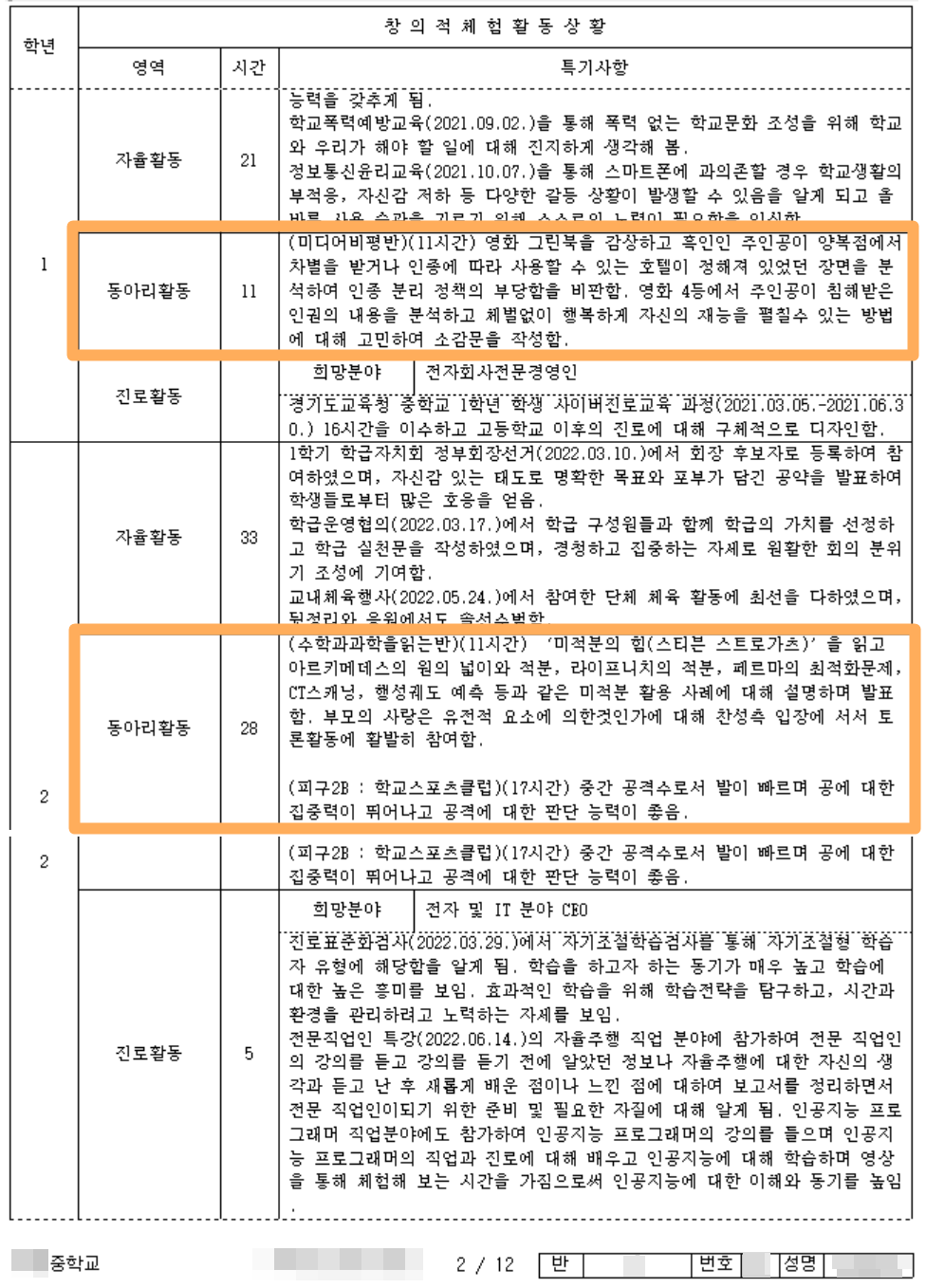 영재고 조기입학생 동아리활동